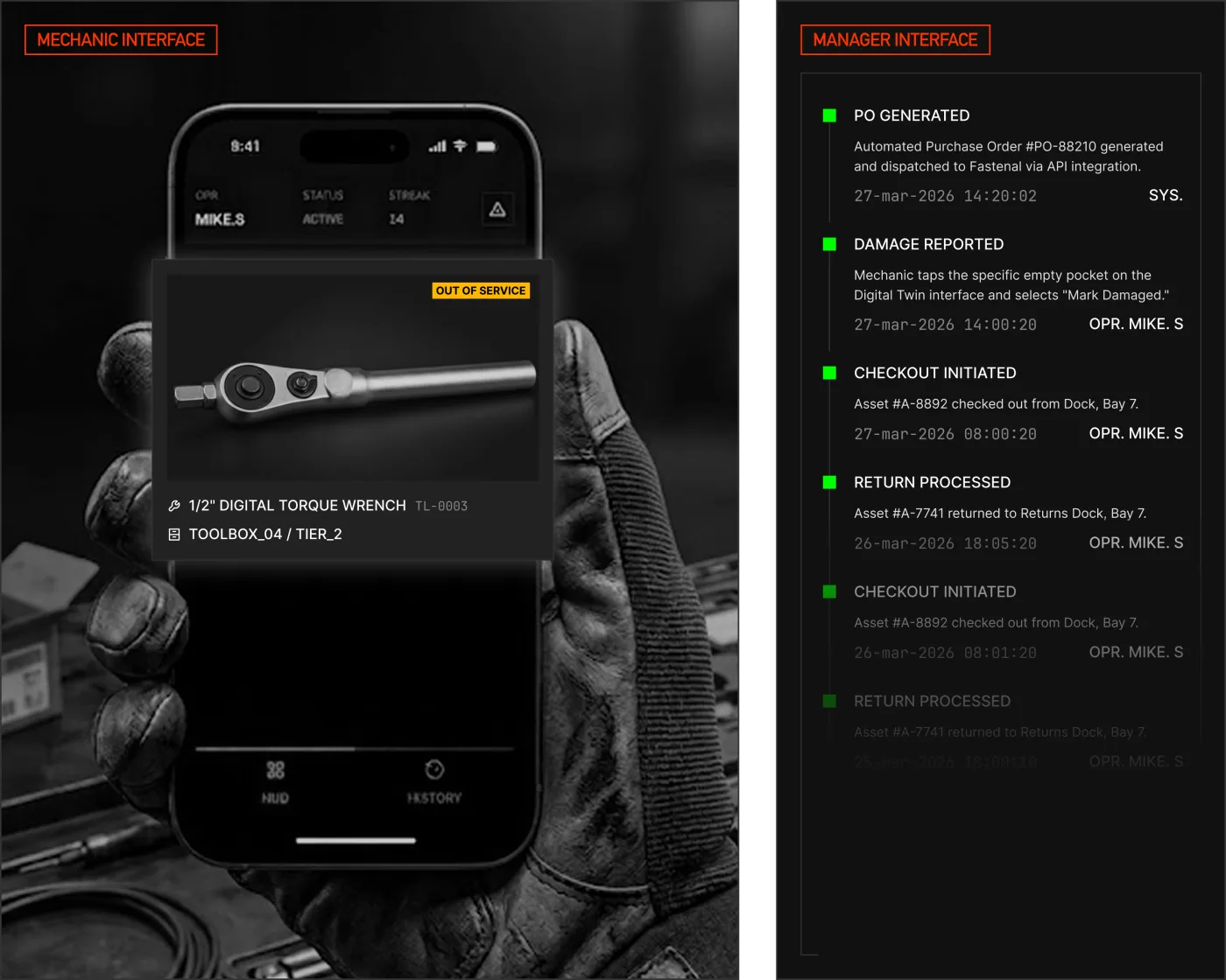 Mechanic and manager interfaces showing an auto-generated replacement order.